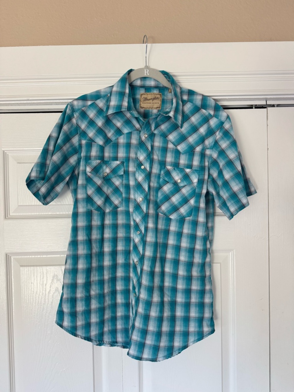 Wrangler Western Shirt Pearl Snap Plaid Turquoise Short Sleeve M